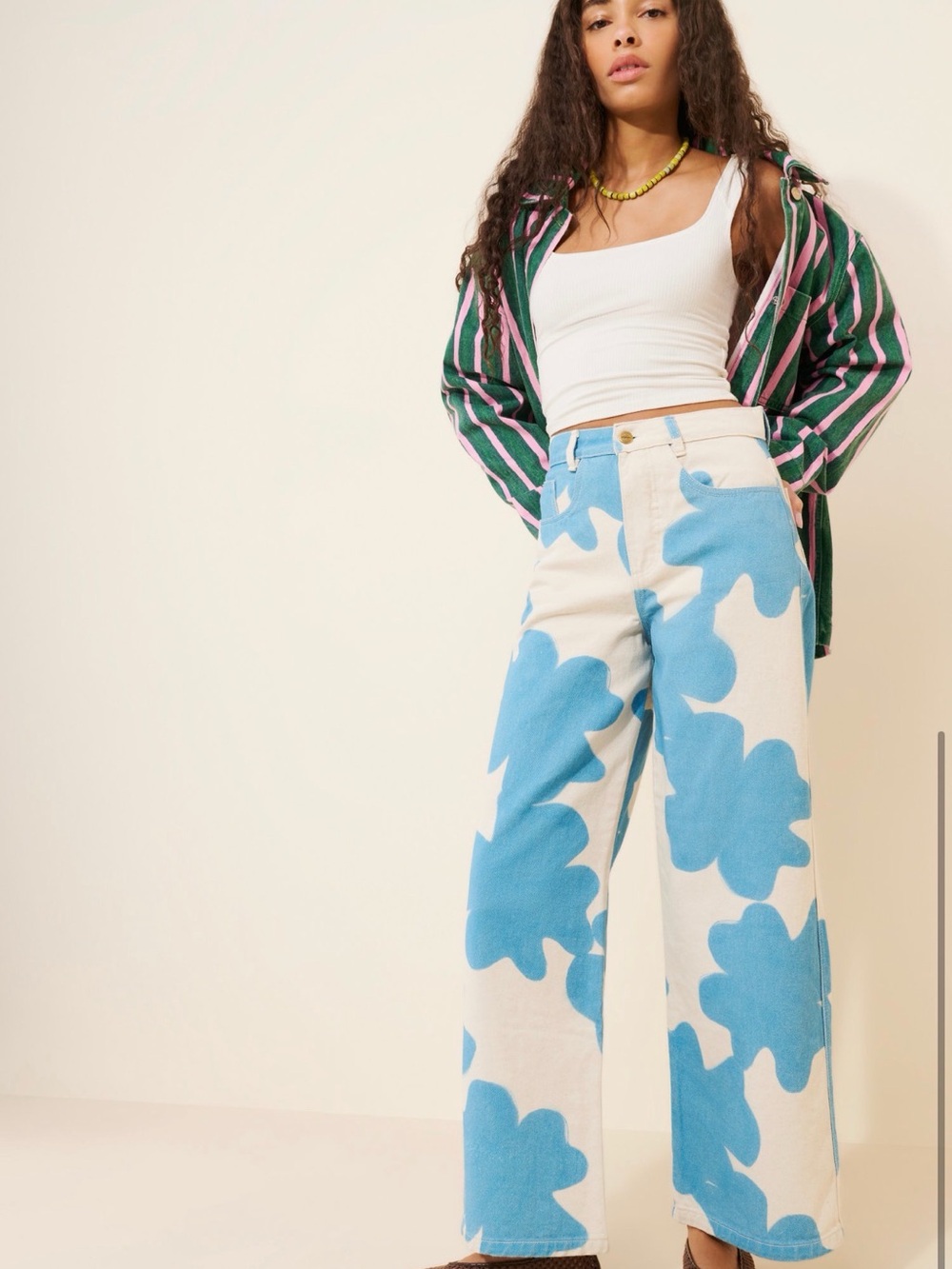 Floral Patchwork Wide-Leg Jeans in Blue and Cream